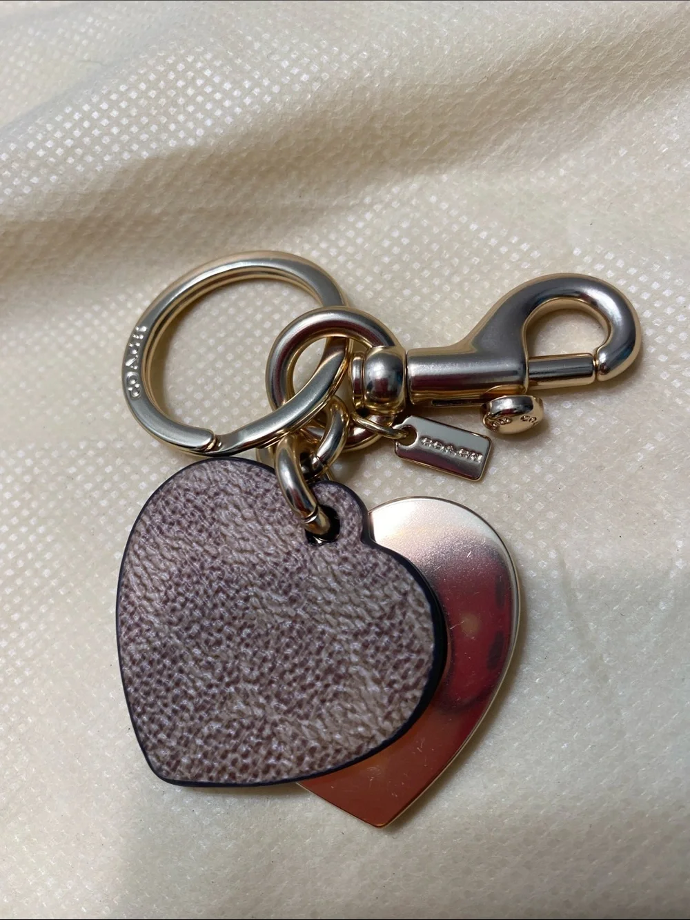 Coach Gold Heart Keychain with Brown Leather Accent